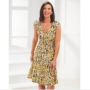 Wisp Stitch Fix 3X Floral Yellow & Blue torso line,lightly padded shoulder dress